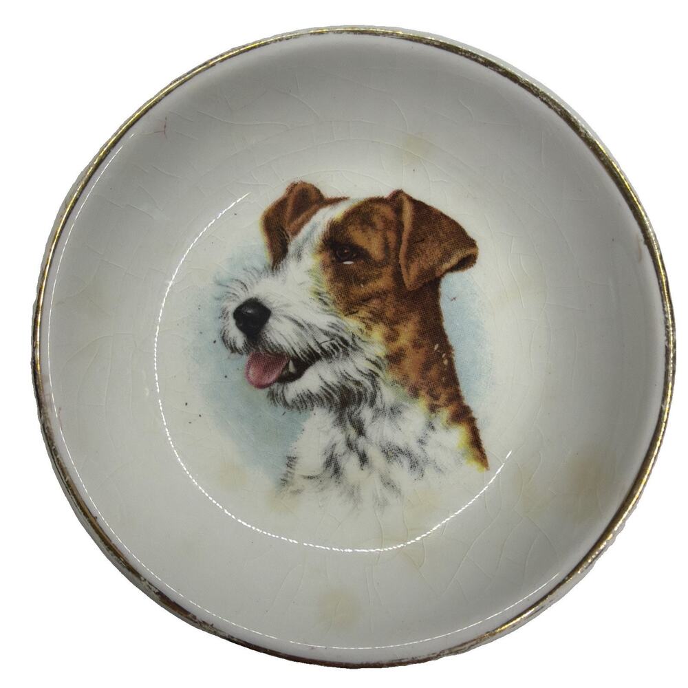 Staffordshire England Butter Pat Dish 3” Jack Russell Terrier Dog Vintage Plate